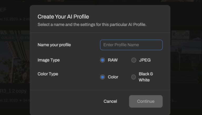 Create your AI profile screen in Aftershoot EDITS