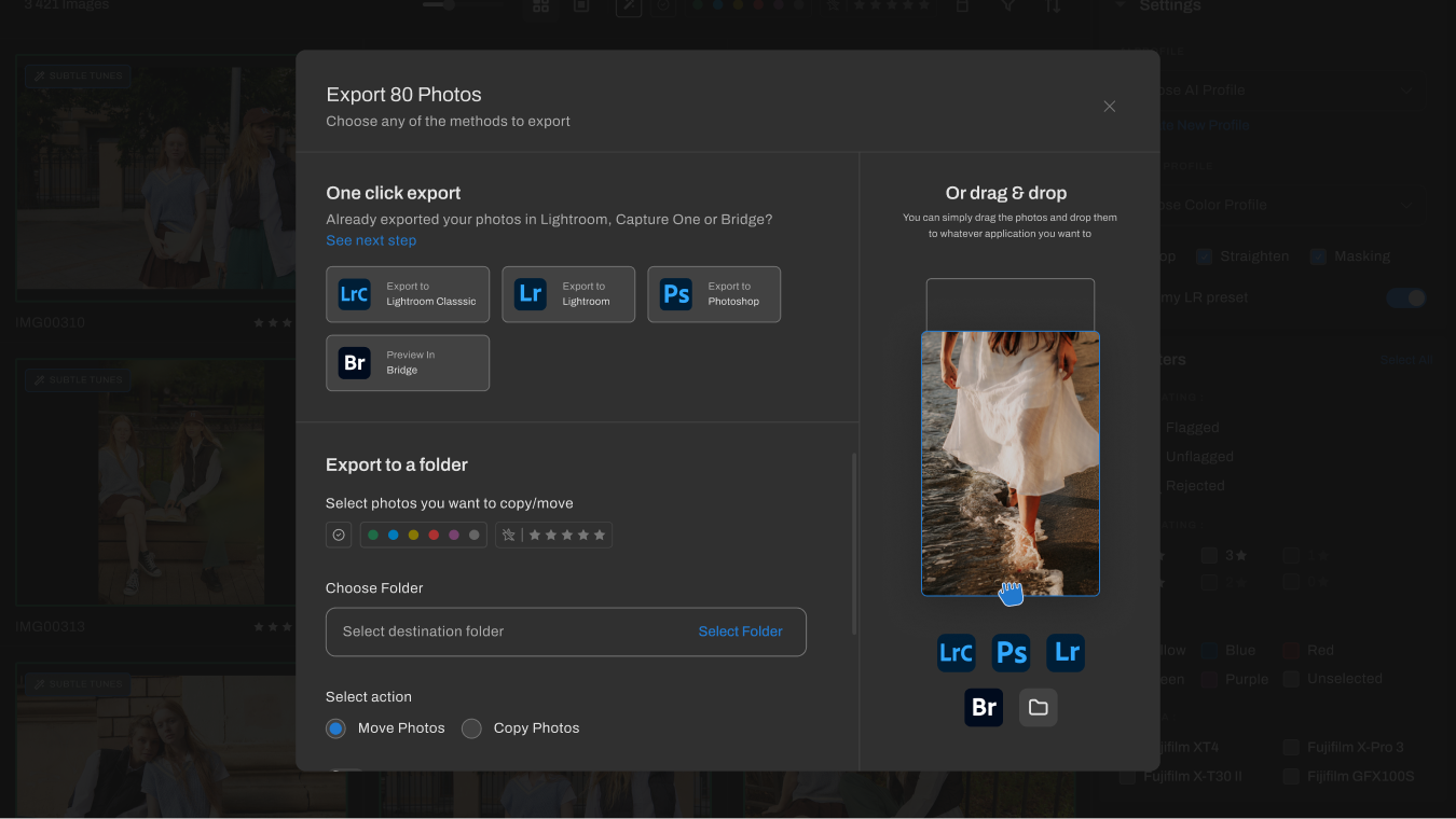 A Brand New Way to Cull & Edit – Unveiling the Aftershoot Tab Bar Export your edited images to the software of your choice, like Adobe Lightroom, with the new Tab Bar in Aftershoot.