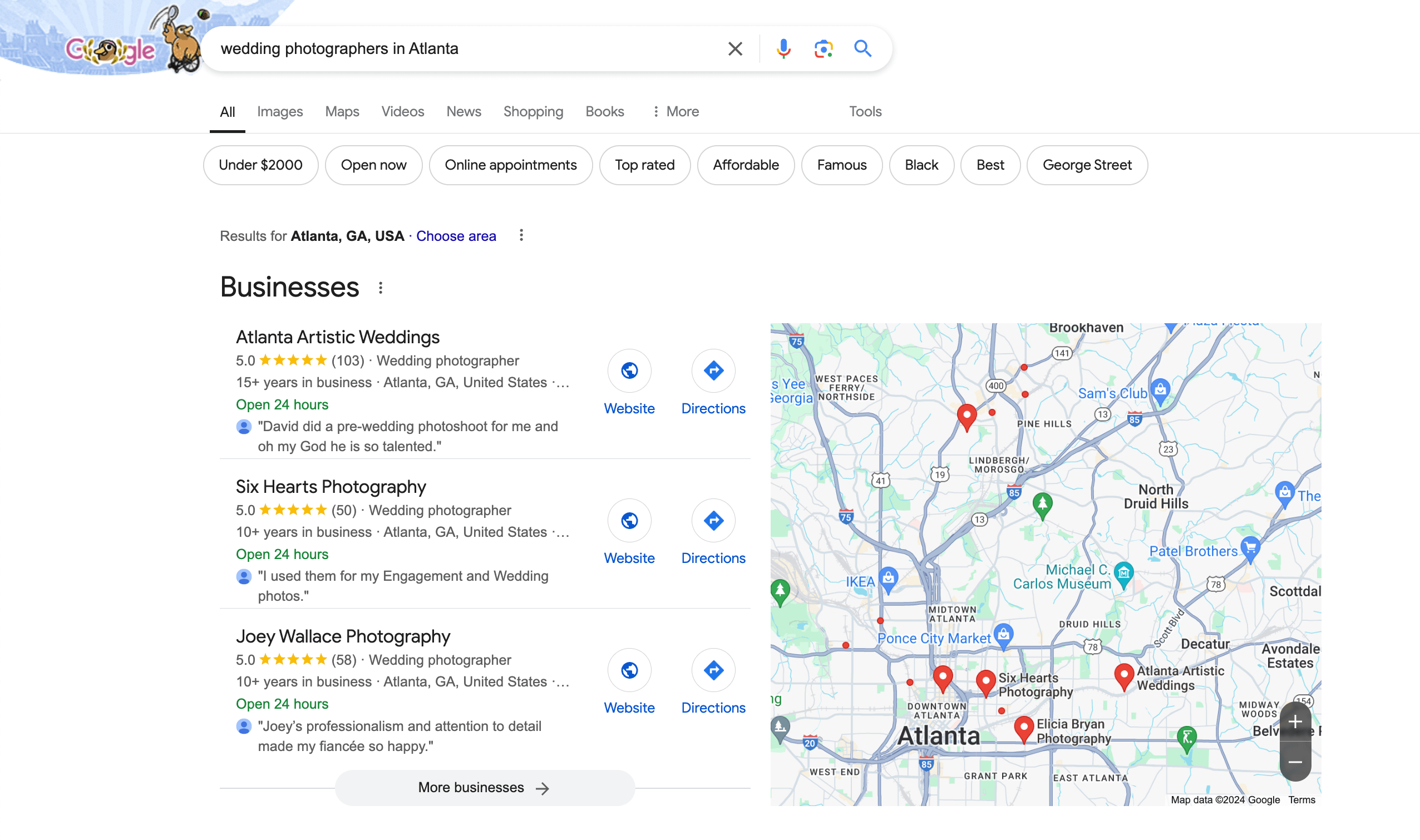SEO for Photographers: 15 Expert Tips to Help You Rank in 2025 Google Search Results for "Wedding photographers in Atlanta" showing the local pack and Google maps location