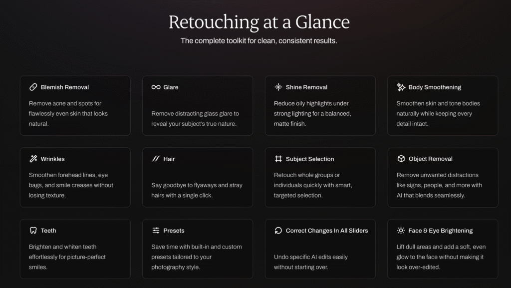 List of Aftershoot Retouching features