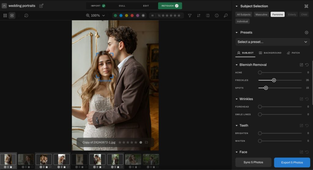 Aftershoot sync retouching feature to apply the chosen preset sliders adjustments 