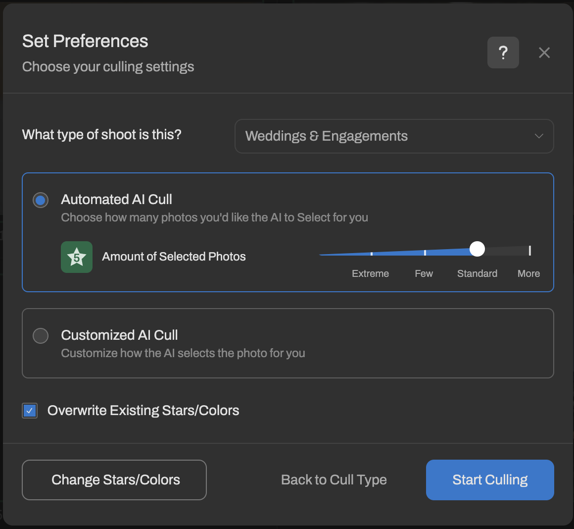 set culling preferences for weddings in aftershoot