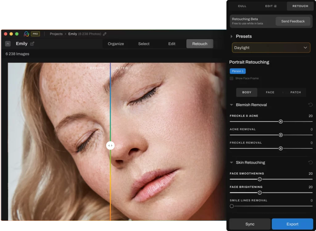 Aftershoot AIRetouching available presets and filter settings for body, face and patch