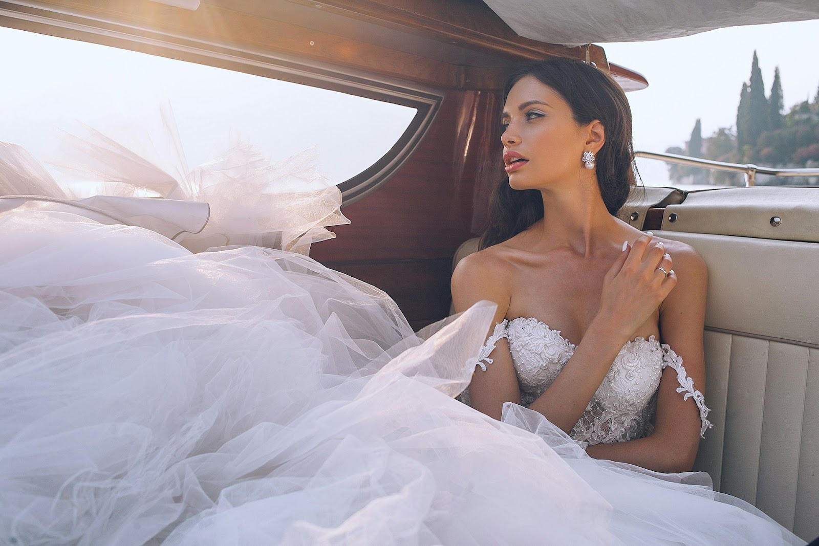 wedding dress photo in car