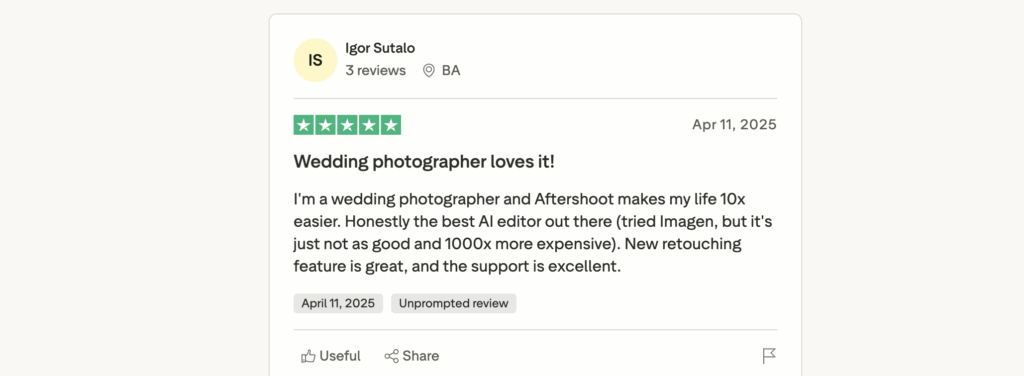 Aftershoot review with wedding photographer claiming to love it.