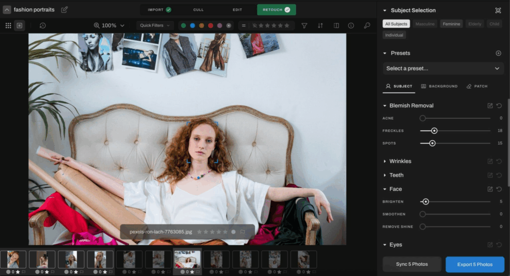 Aftershoot AI Retouch subject selection and presets in the dashboard