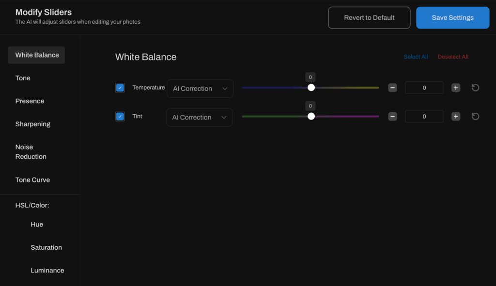 White balance settings slider in Aftershoot