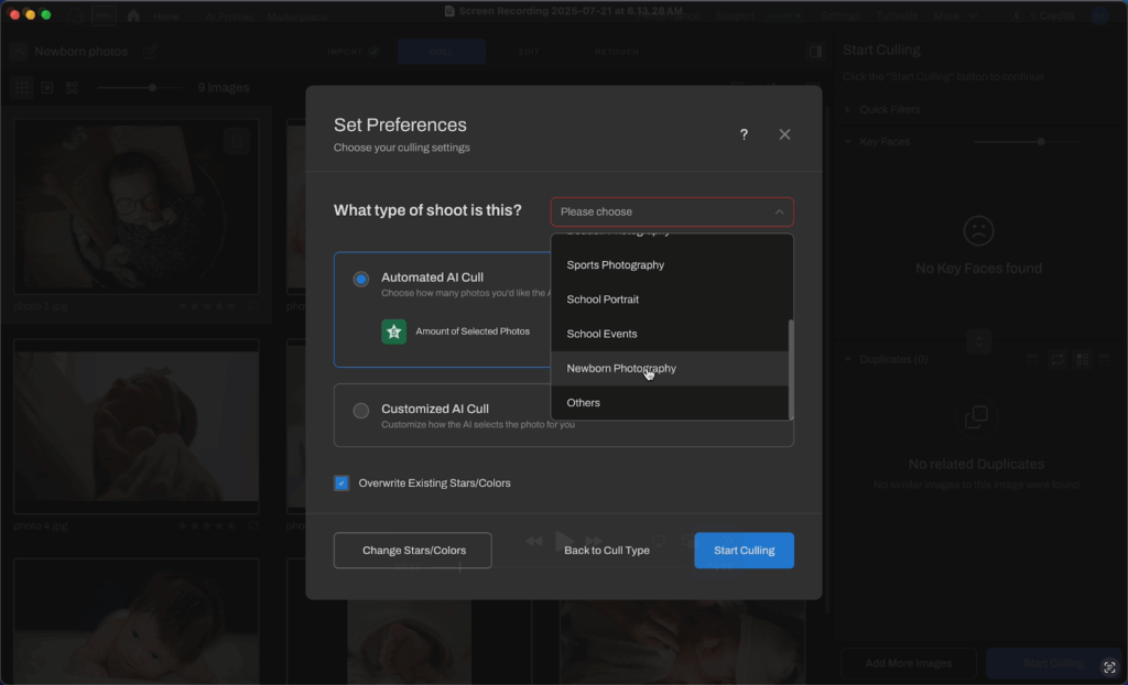 Set preferences and choose genres for types of shoot to start culling in Aftershoot