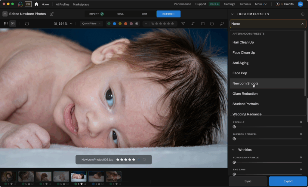Retouch and export newborn photo shots with custom presets