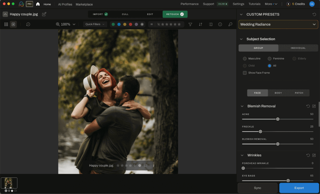 AI Retouching presets and filters in Aftershoot
