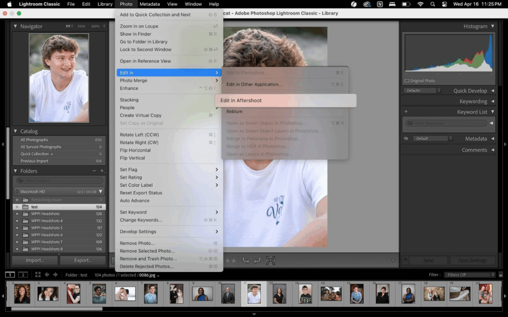 In Lightroom Classic software, choose ‘Edit in Aftershoot’ to retouch the photos