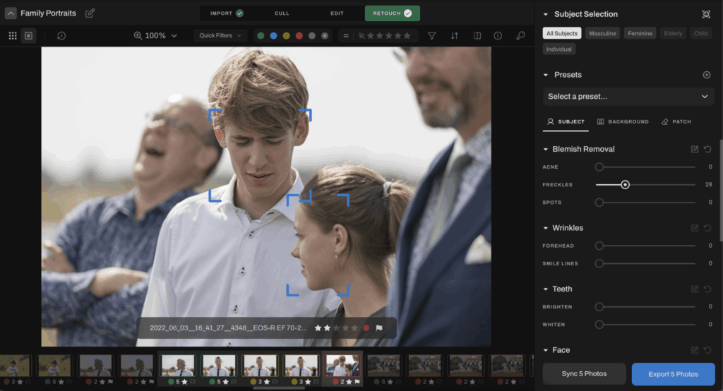 Subjection selection and preset adjustment with Aftershoot software