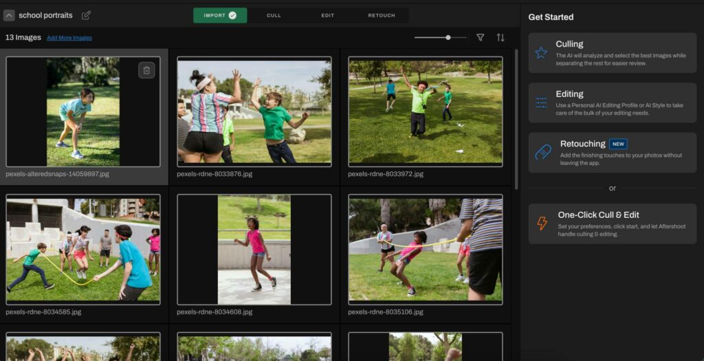 Importing photos in aftershoot