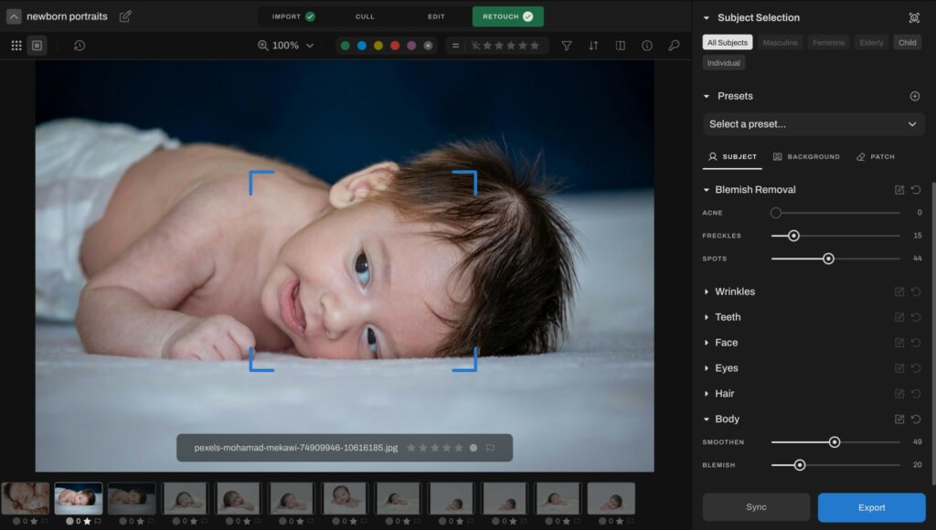 retouch with preset filters for newborn photos