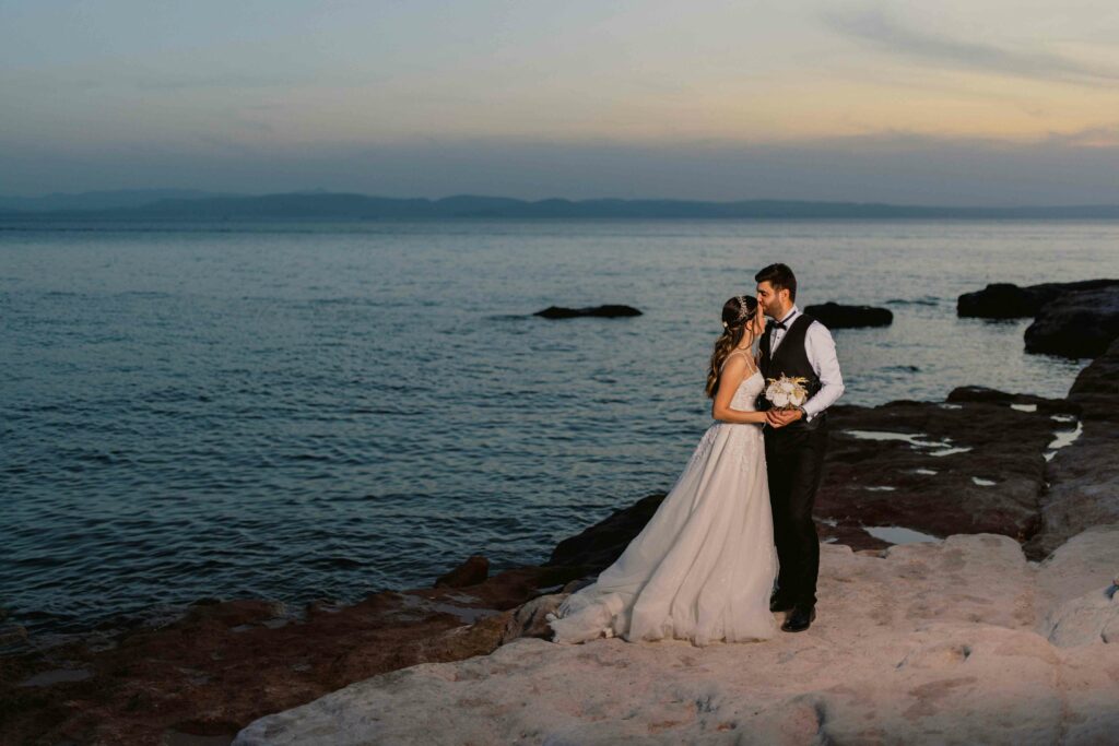 golden hour wedding portrait at the beach
