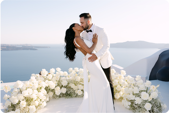 luxury wedding portrait of bride and groom kissing