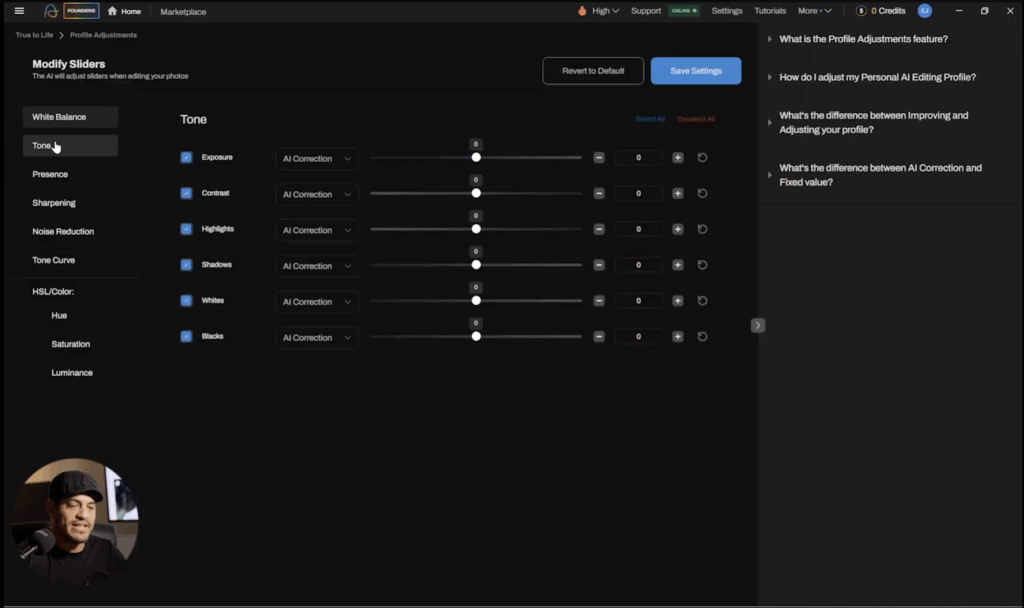 Edit Profile adjustments in Aftershoot