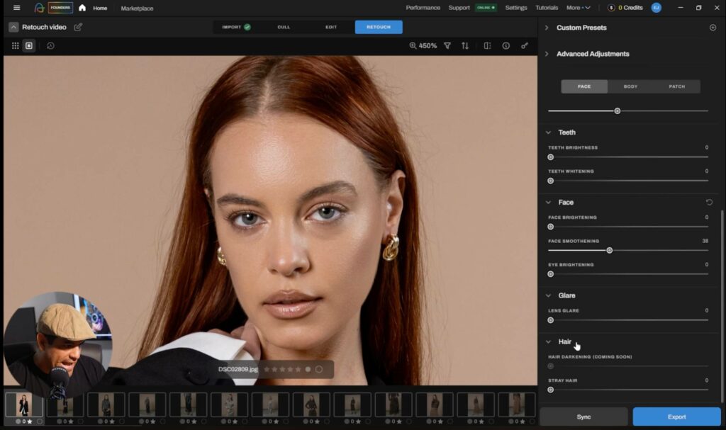 Aftershoot AI retouch preset filter for face brightening and smoothening